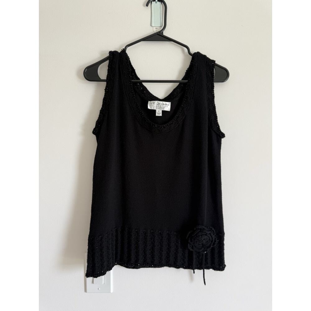 Black St. John Collection By Marie Gray Knit Tank Top Sz M Beaded Floral Rose